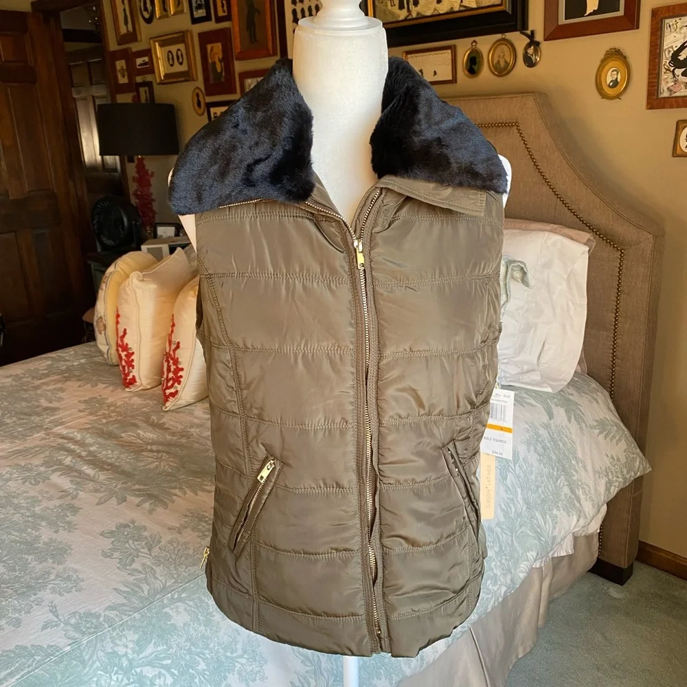 NWT Gibson Latimer Olive Color Quilted Vest with Removable Faux Fur Collar - Picture 1 of 16
